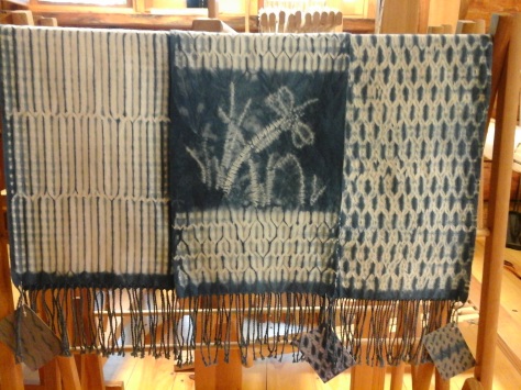 Three of four new woven shibori scarves!